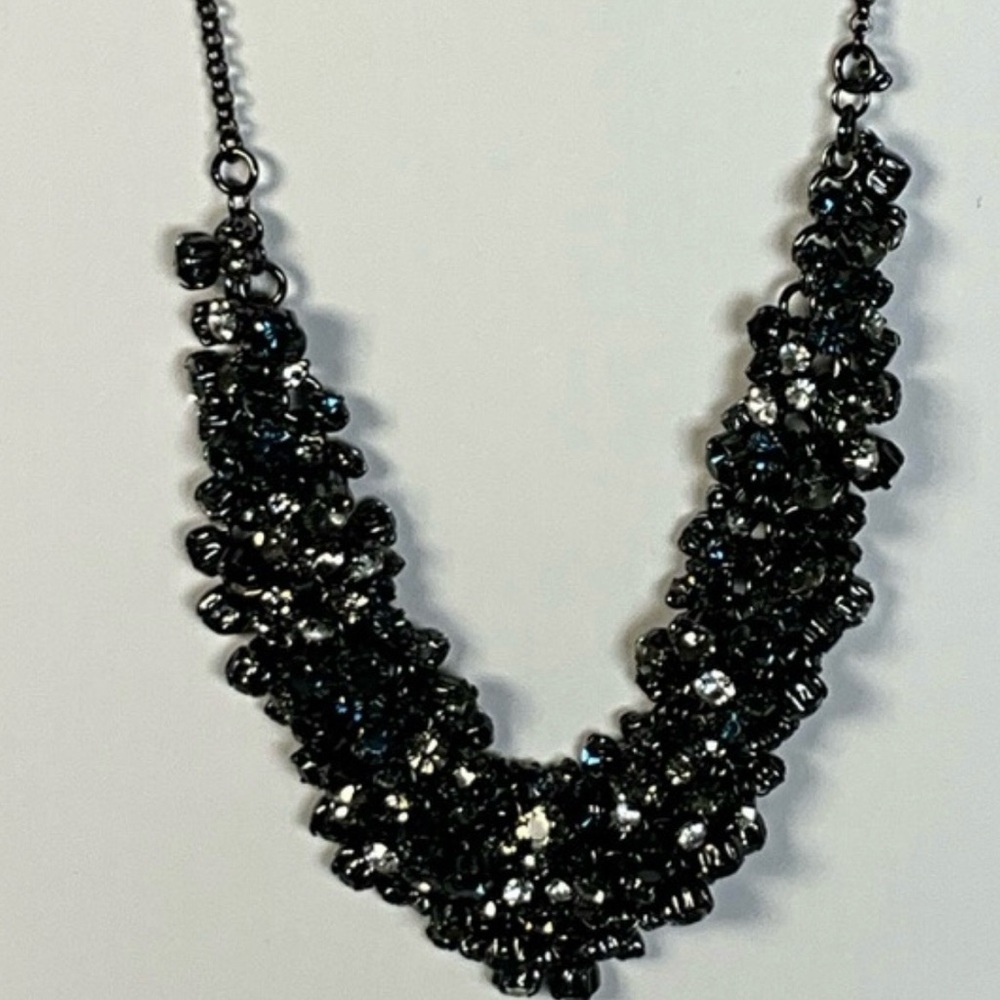 Talbots Necklace Black Cluster with clear and dark blue crystals